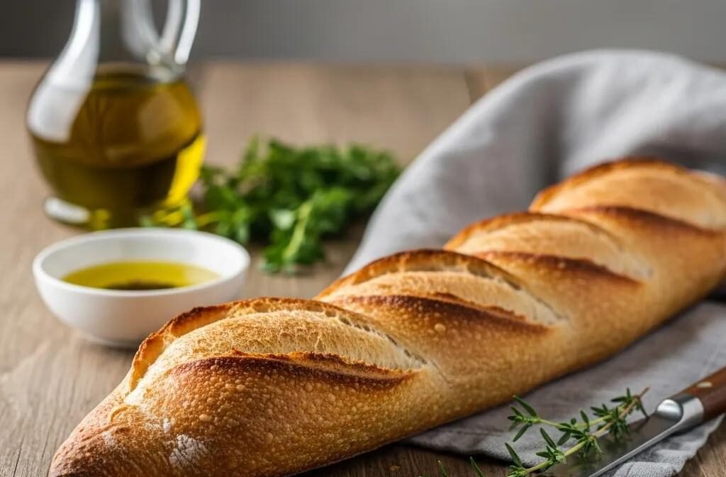 Freshly baked French baguette with crispy crust on a rustic table, highlighting artisanal baking