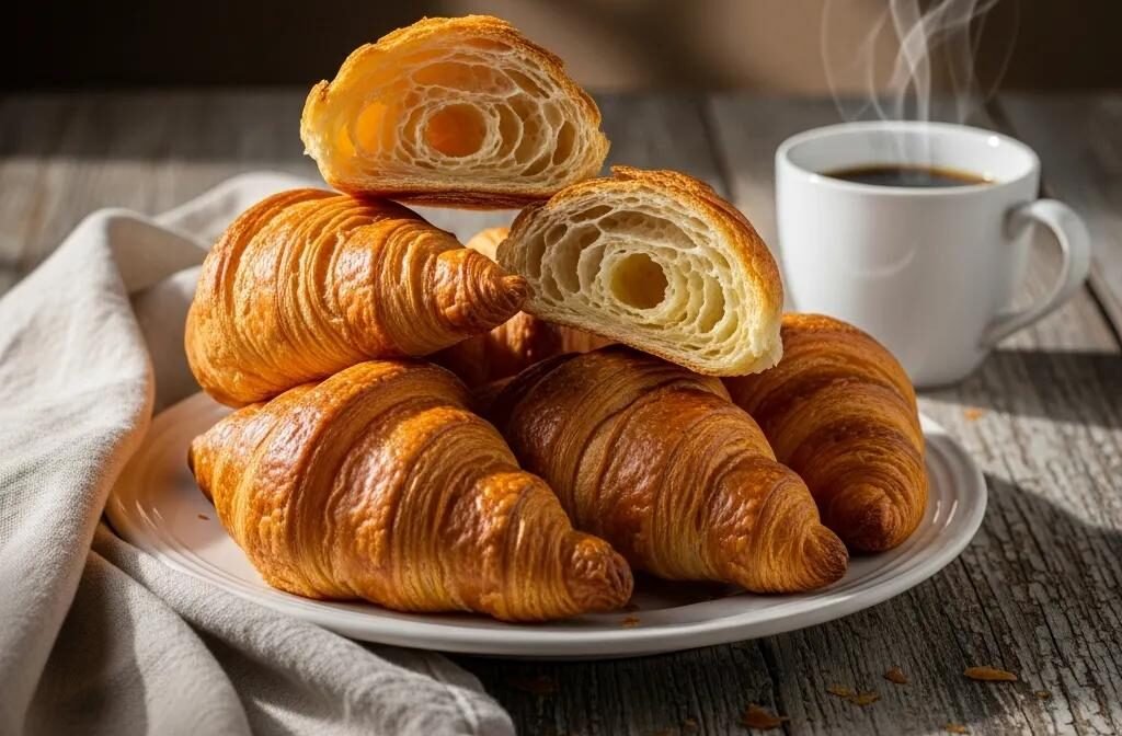 Freshly baked French croissants on a rustic wooden table, symbolizing the rich history of French cuisine