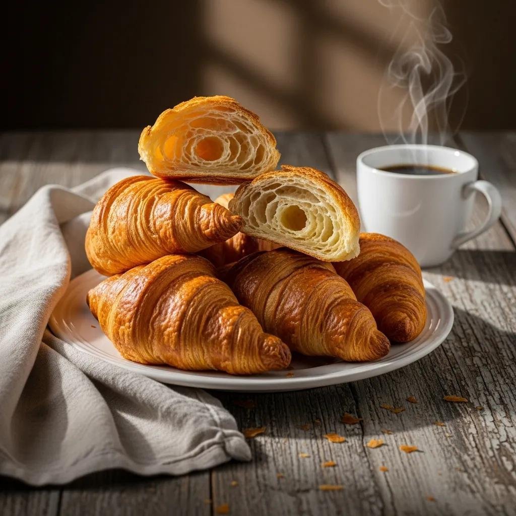 Freshly baked French croissants on a rustic wooden table, symbolizing the rich history of French cuisine