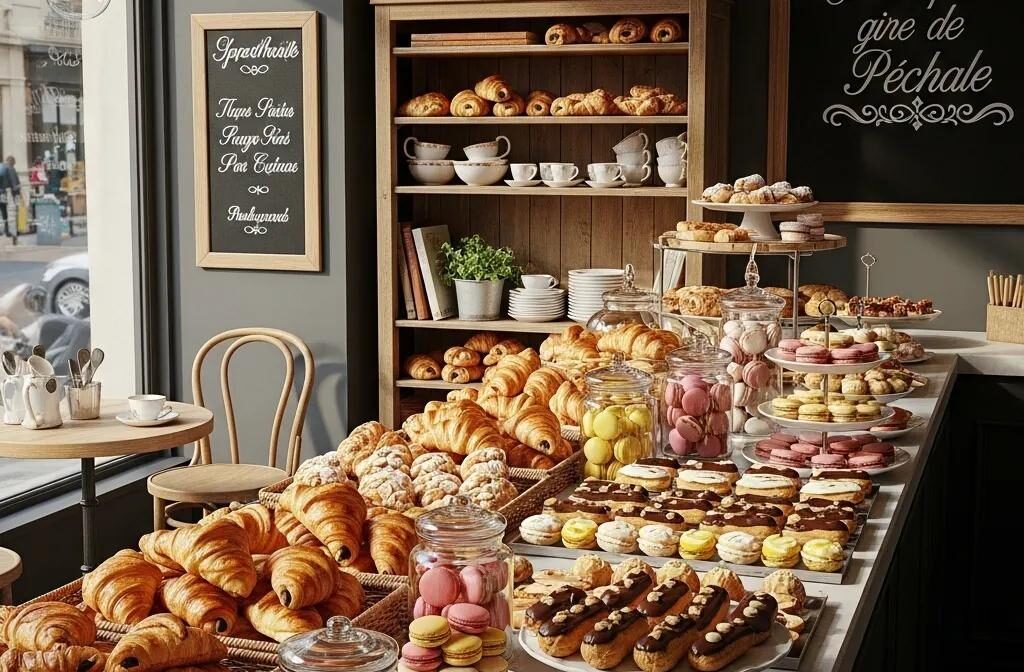 Freshly baked French pastries including croissants, macarons, and éclairs in a cozy bakery setting