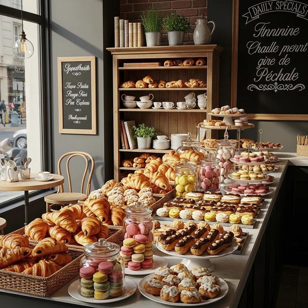 Freshly baked French pastries including croissants, macarons, and éclairs in a cozy bakery setting