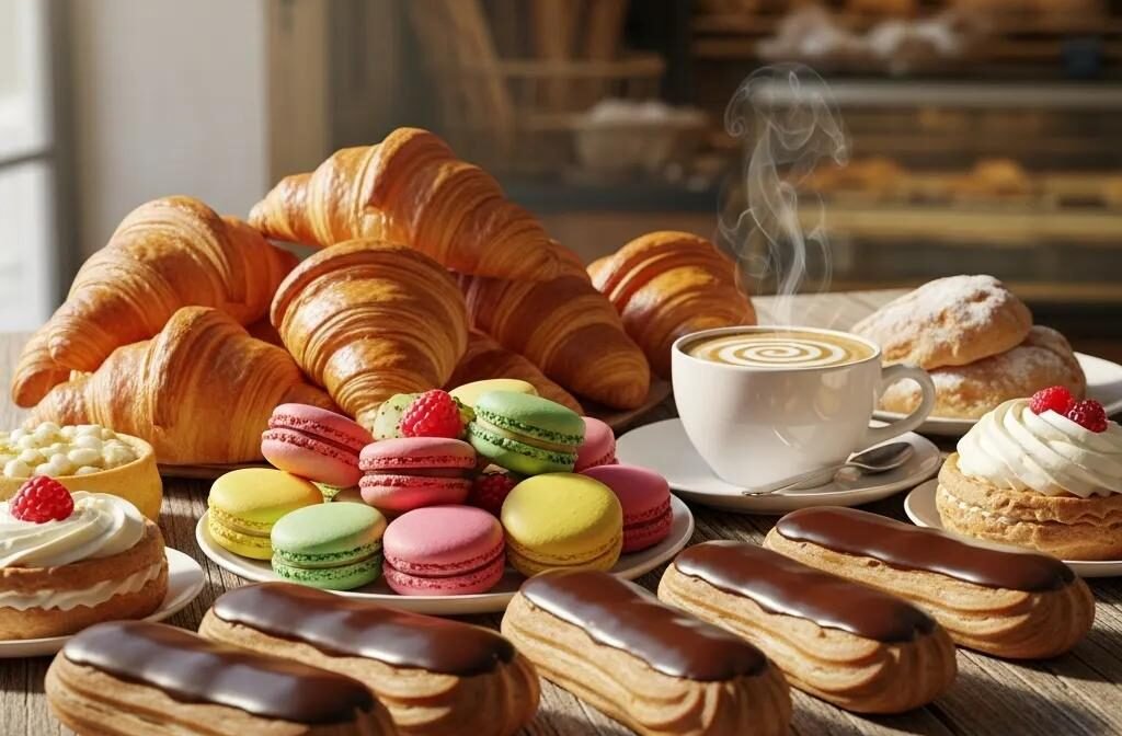 Freshly baked French pastries including croissants, macarons, and éclairs with a cup of coffee