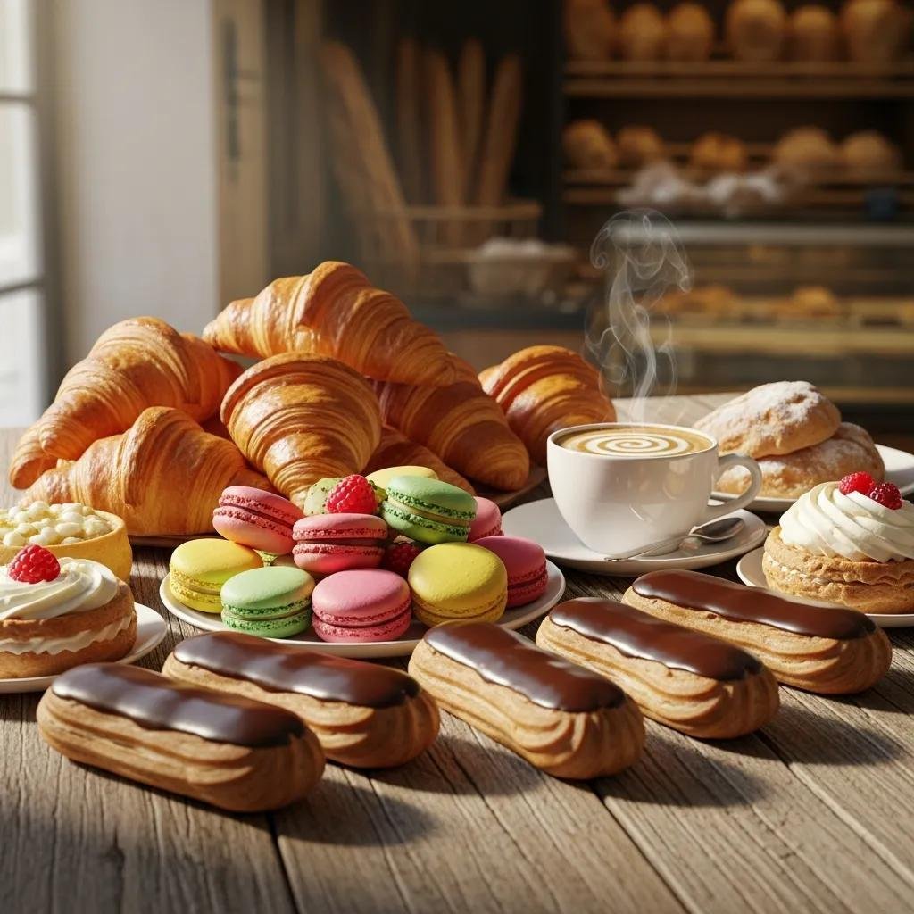 Freshly baked French pastries including croissants, macarons, and éclairs with a cup of coffee