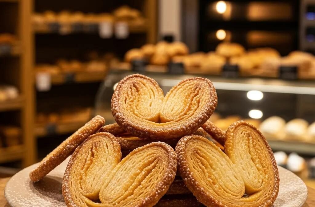Freshly baked Le Palmier cookies on a plate in a cozy bakery setting