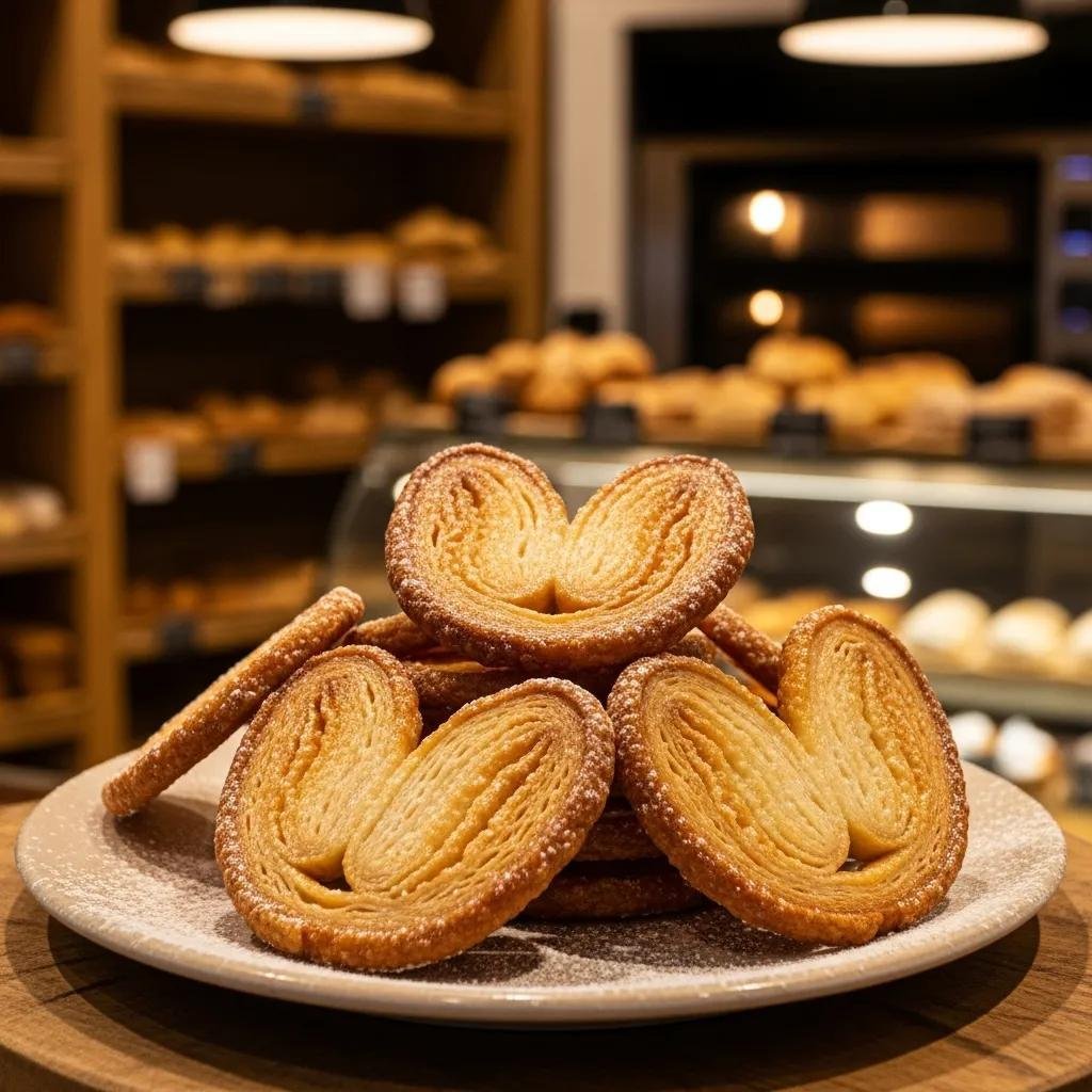 Freshly baked Le Palmier cookies on a plate in a cozy bakery setting