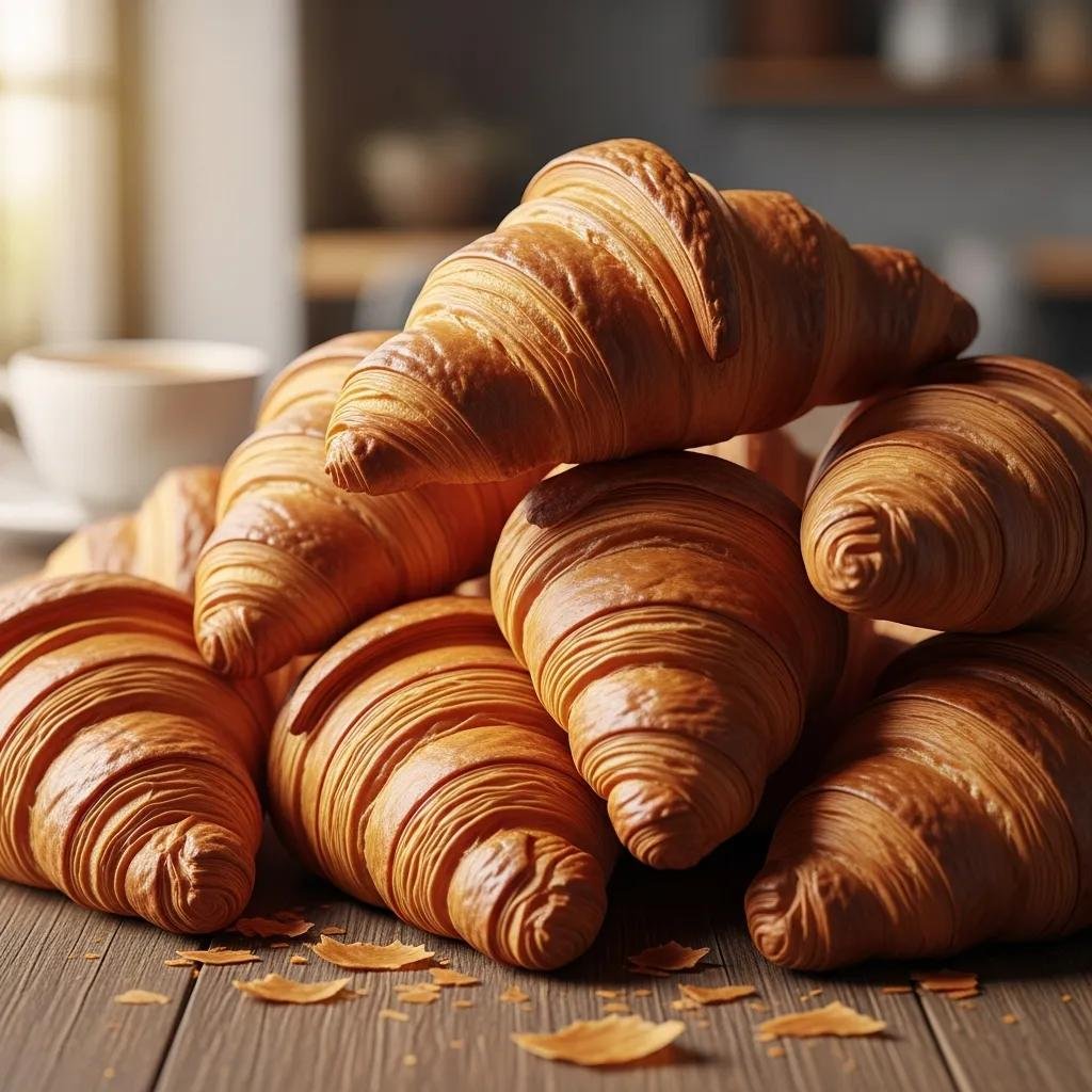 Freshly baked signature croissants showcasing flaky layers and golden crust