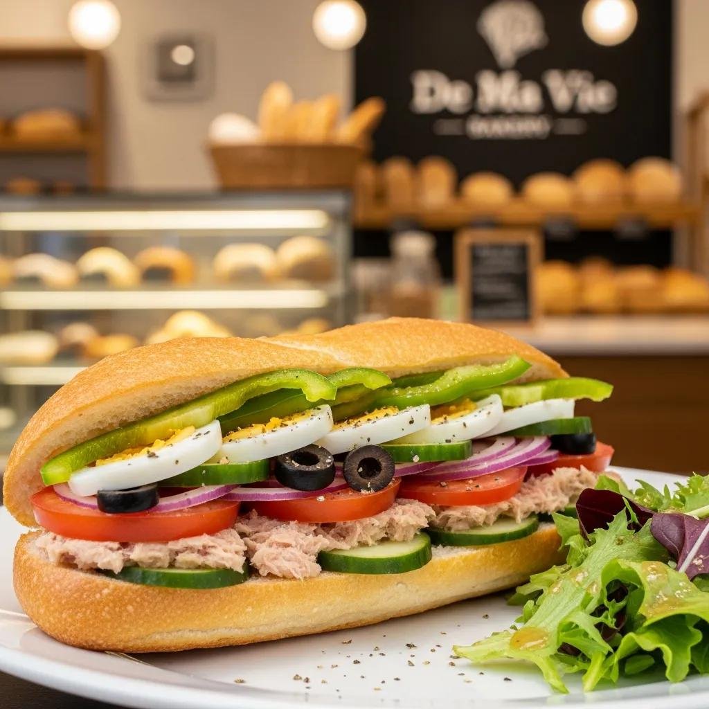 Freshly made Pan Bagnat from De Ma Vie Bakery with vibrant fillings on a plate
