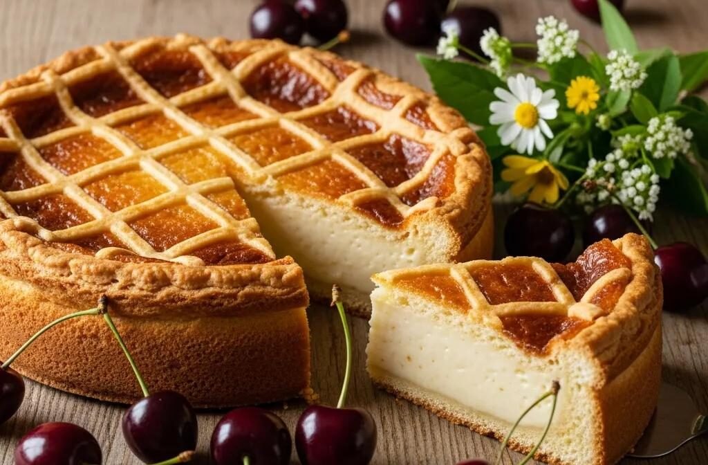 Gâteau Basque cake with a slice cut out, showcasing its rich filling and buttery crust, surrounded by fresh black cherries