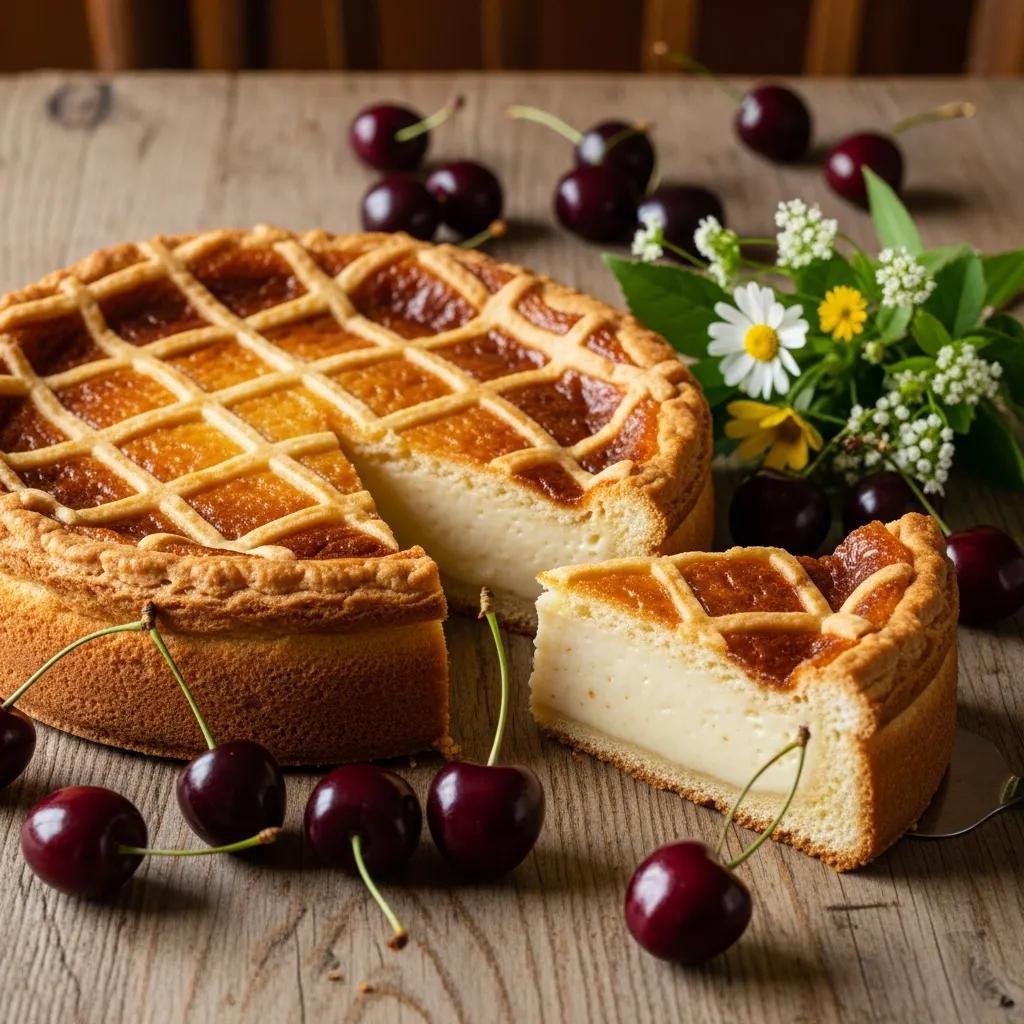 Gâteau Basque cake with a slice cut out, showcasing its rich filling and buttery crust, surrounded by fresh black cherries