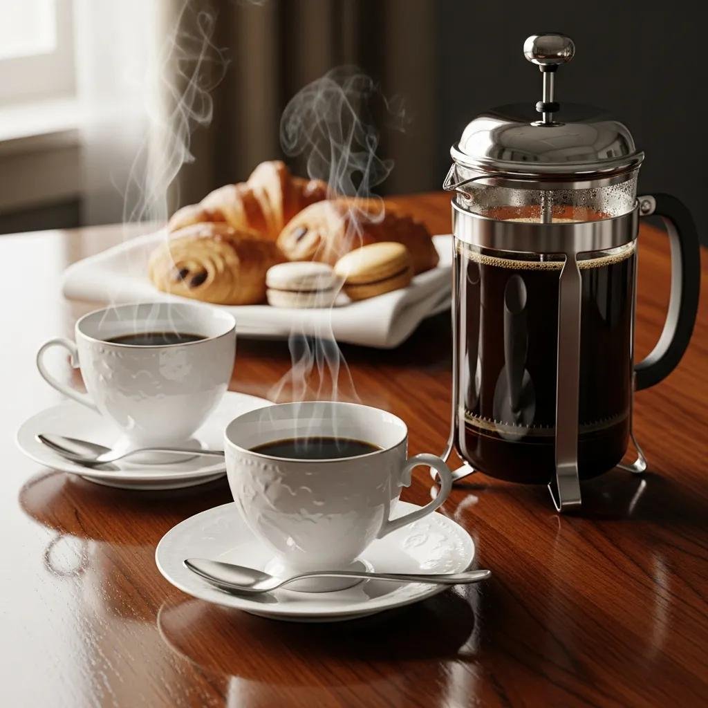 Gourmet coffee setup with French press and pastries for breakfast catering