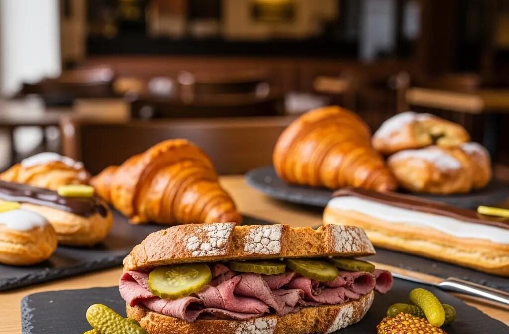 Gourmet French lunch featuring a smoked beef sandwich and pastries in a cozy café setting