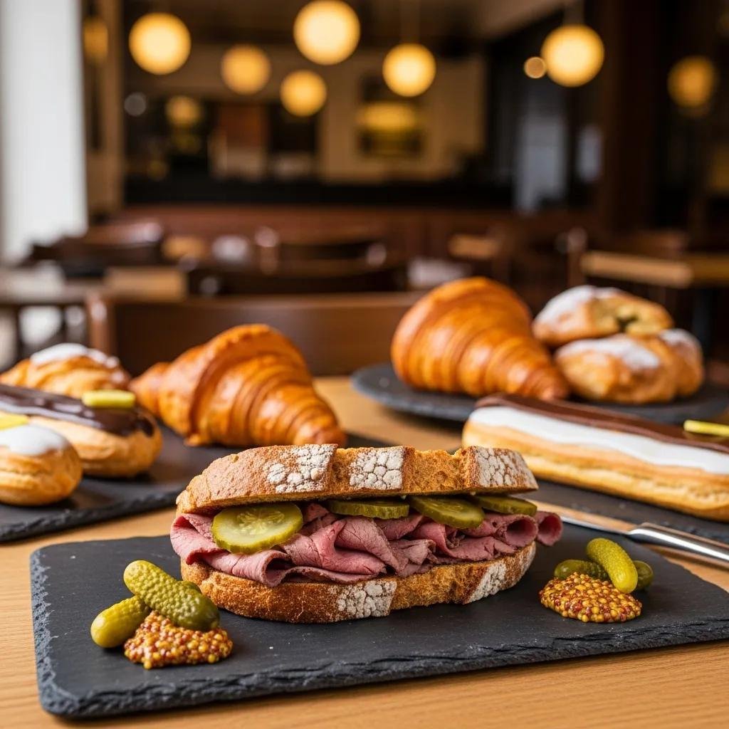 Gourmet French lunch featuring a smoked beef sandwich and pastries in a cozy café setting