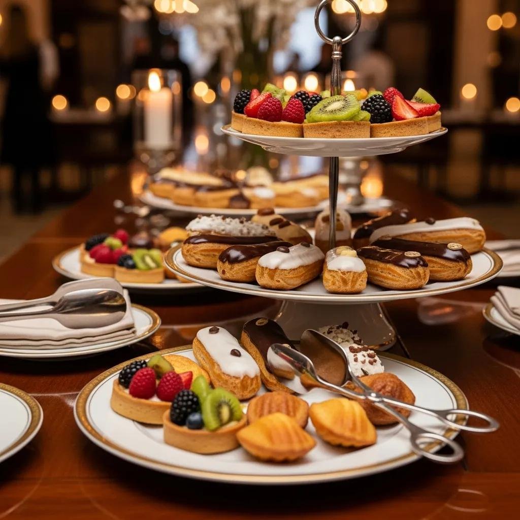 Gourmet French pastries displayed elegantly at an event, showcasing quality and presentation