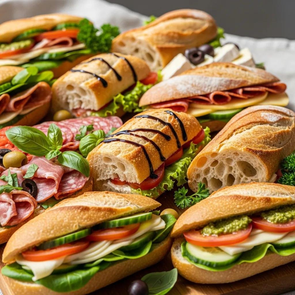 Gourmet sandwich platter with baguettes and sourdough bread filled with fresh ingredients