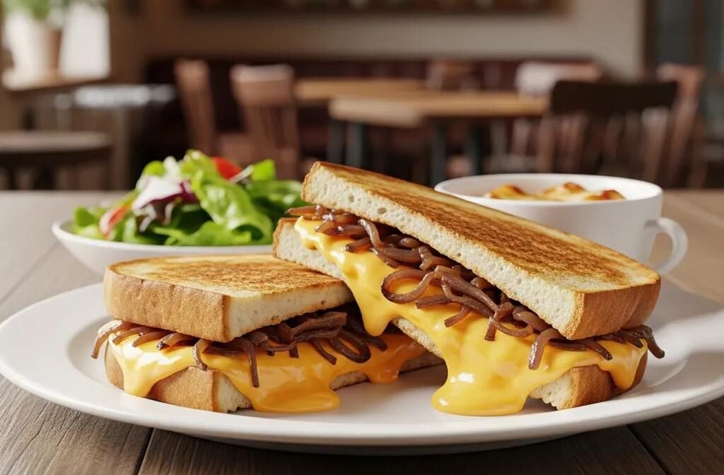 Grilled French Onion and Cheese Sandwich with melted cheese and caramelized onions, served with salad and soup