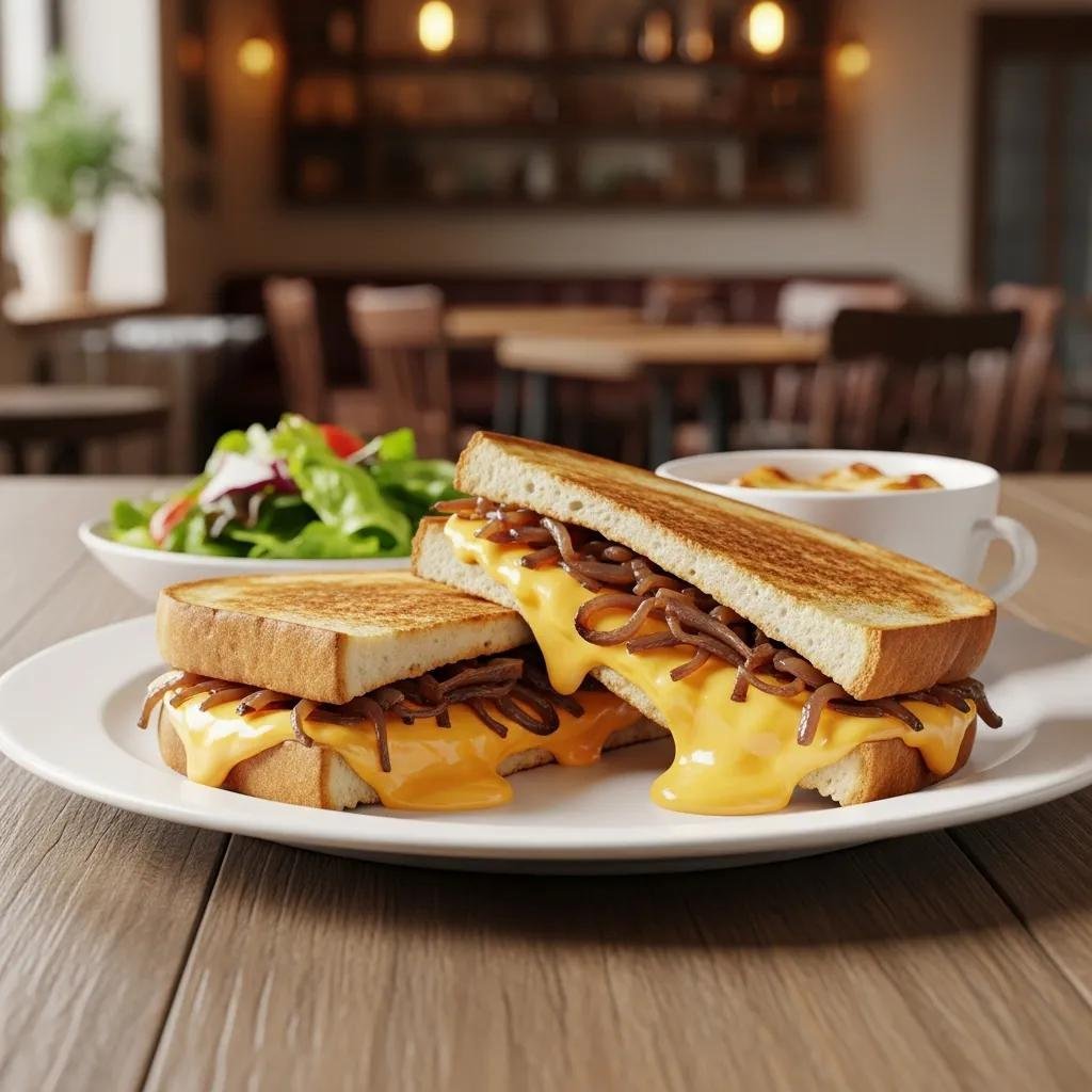 Grilled French Onion and Cheese Sandwich with melted cheese and caramelized onions, served with salad and soup