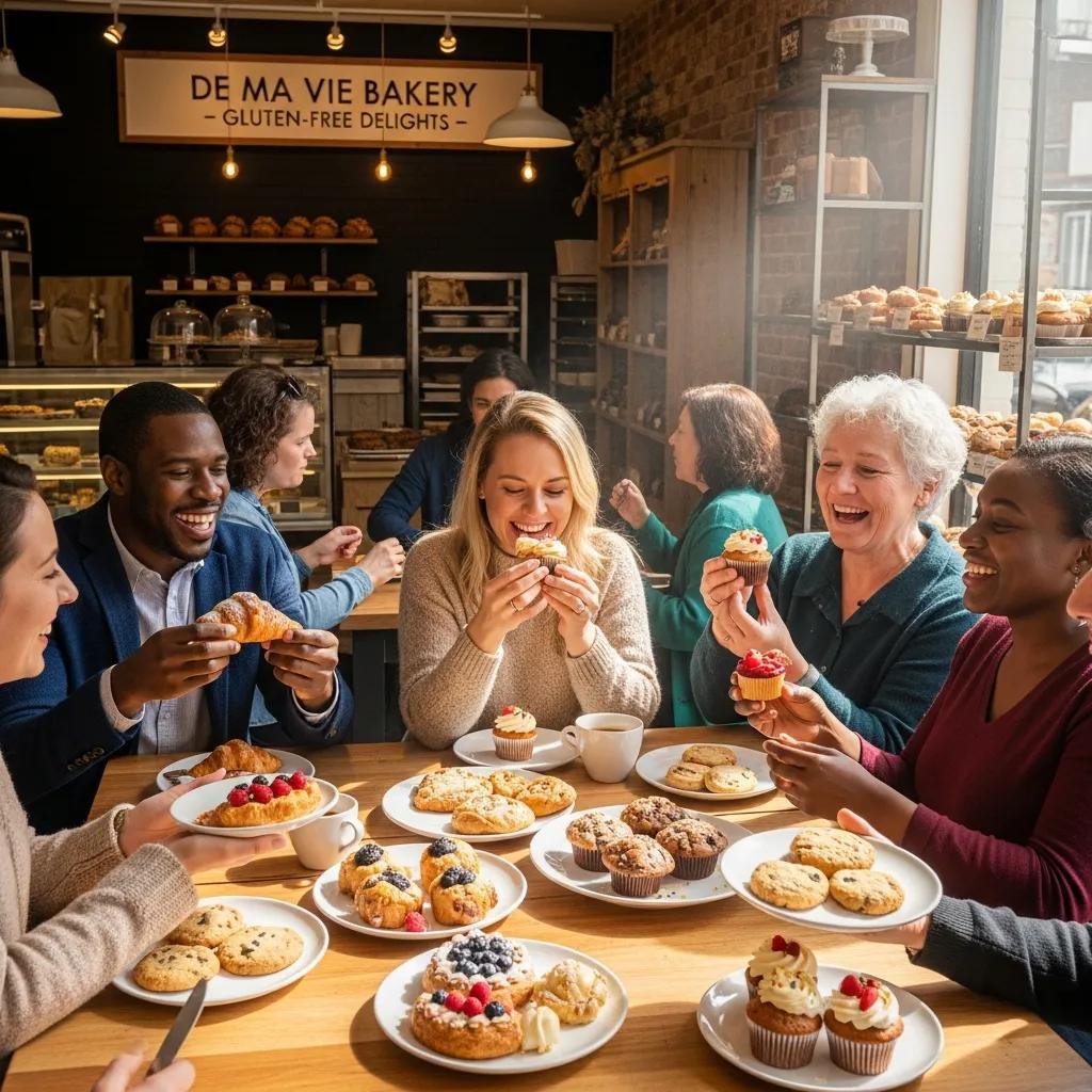 Happy customers enjoying gluten-free pastries at De Ma Vie Bakery, showcasing a cozy and inviting atmosphere