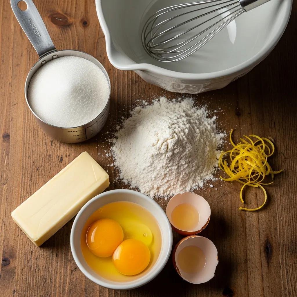 High-quality ingredients for baking classic French Madeleines on a wooden countertop