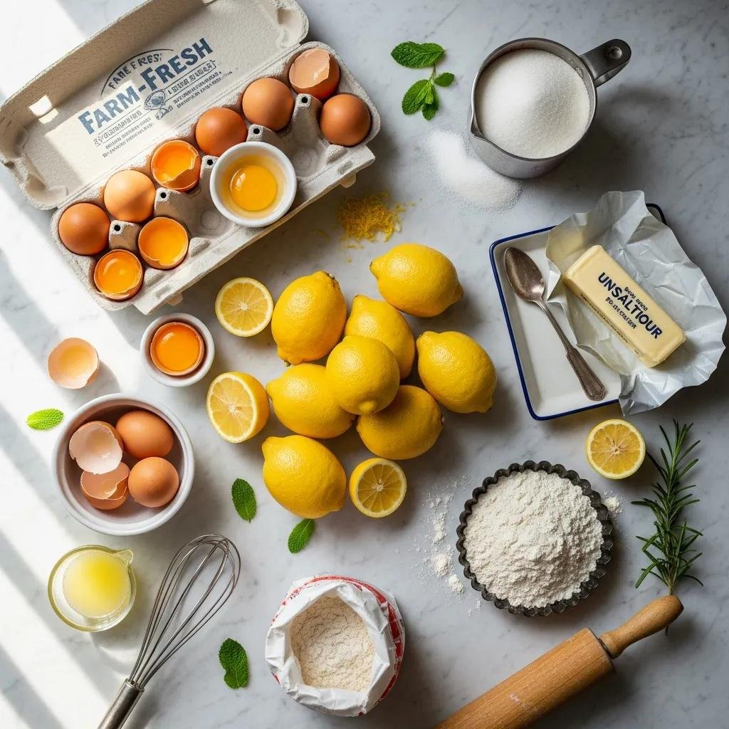 High-quality ingredients for French Lemon Meringue Tart including fresh lemons, eggs, and butter on a marble countertop