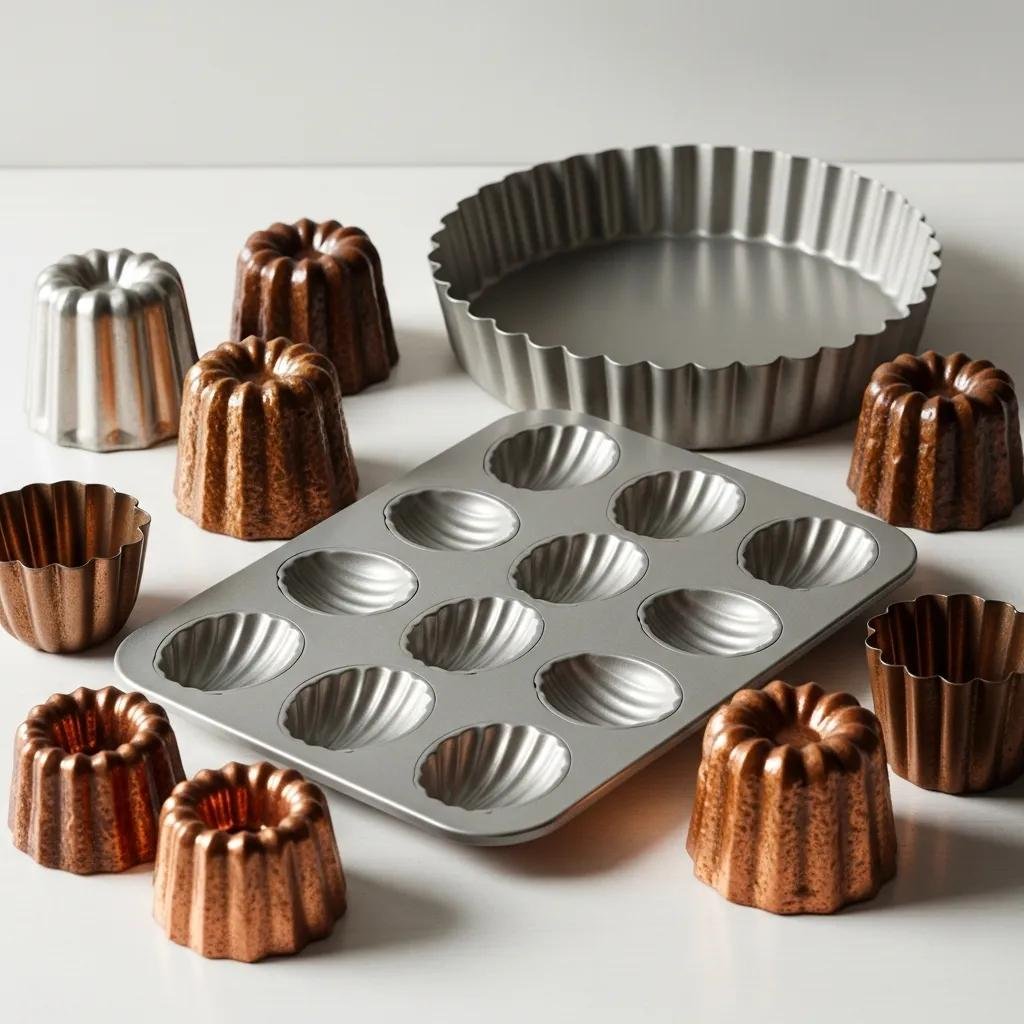 Iconic French baking molds including madeleine, cannelé, and tart pans on a light background