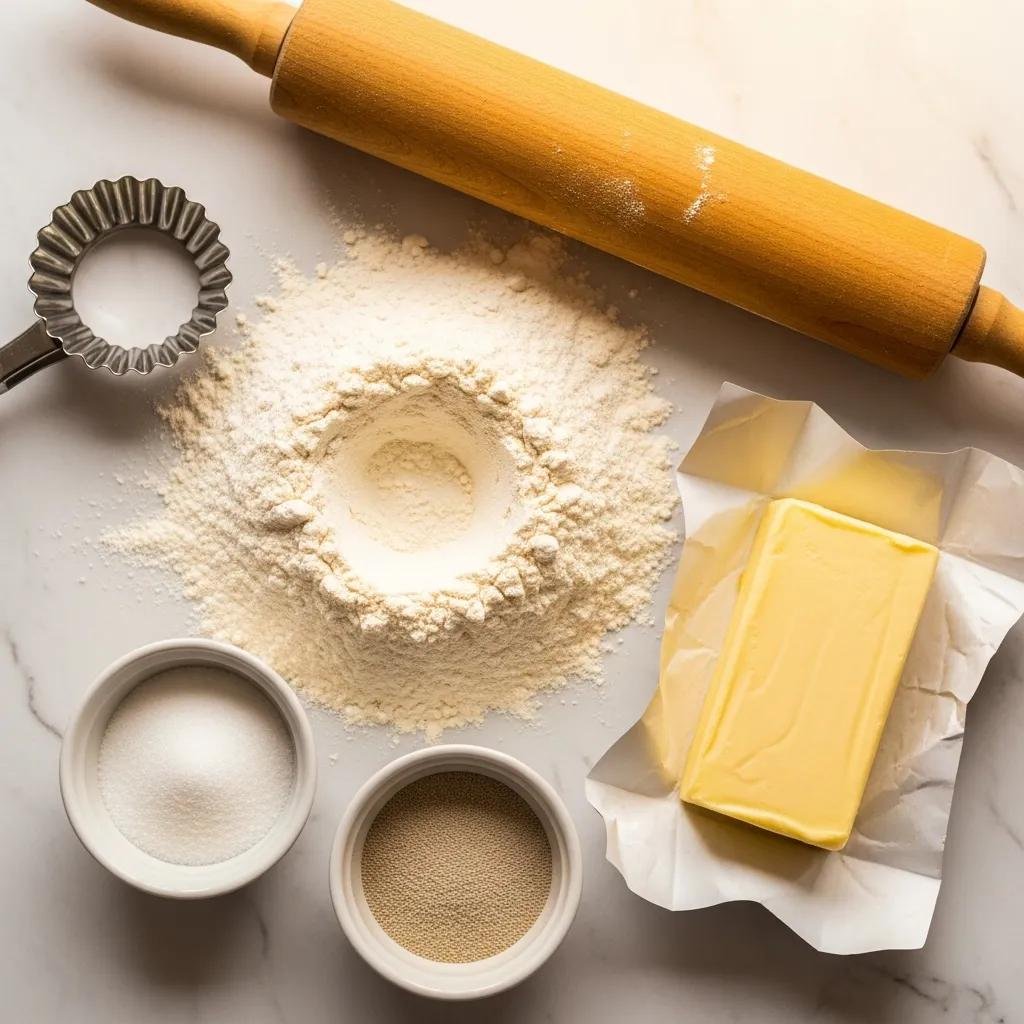 Ingredients for croissants including flour, butter, and sugar, arranged on a marble countertop with baking tools