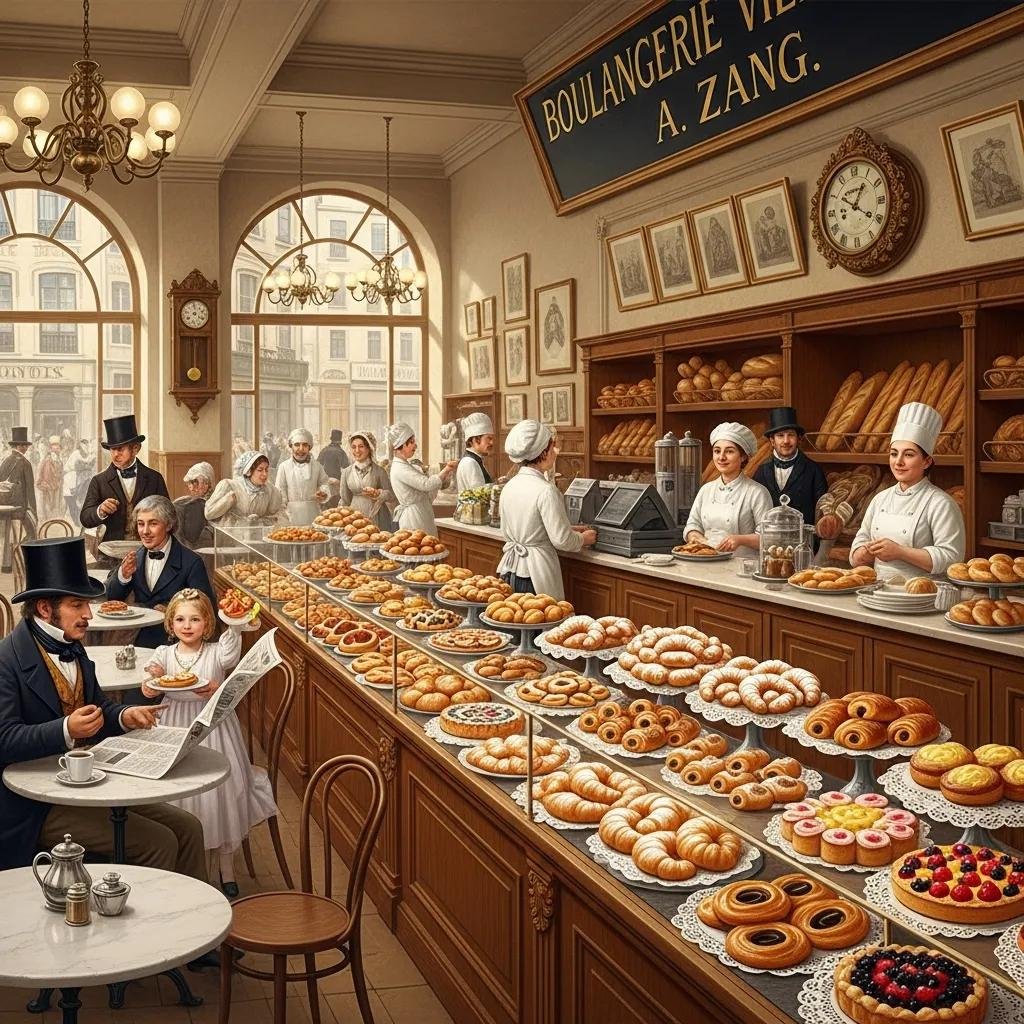 Inside a Parisian bakery with a display of pastries, including croissants and kipferl, representing August Zang's influence on French cuisine