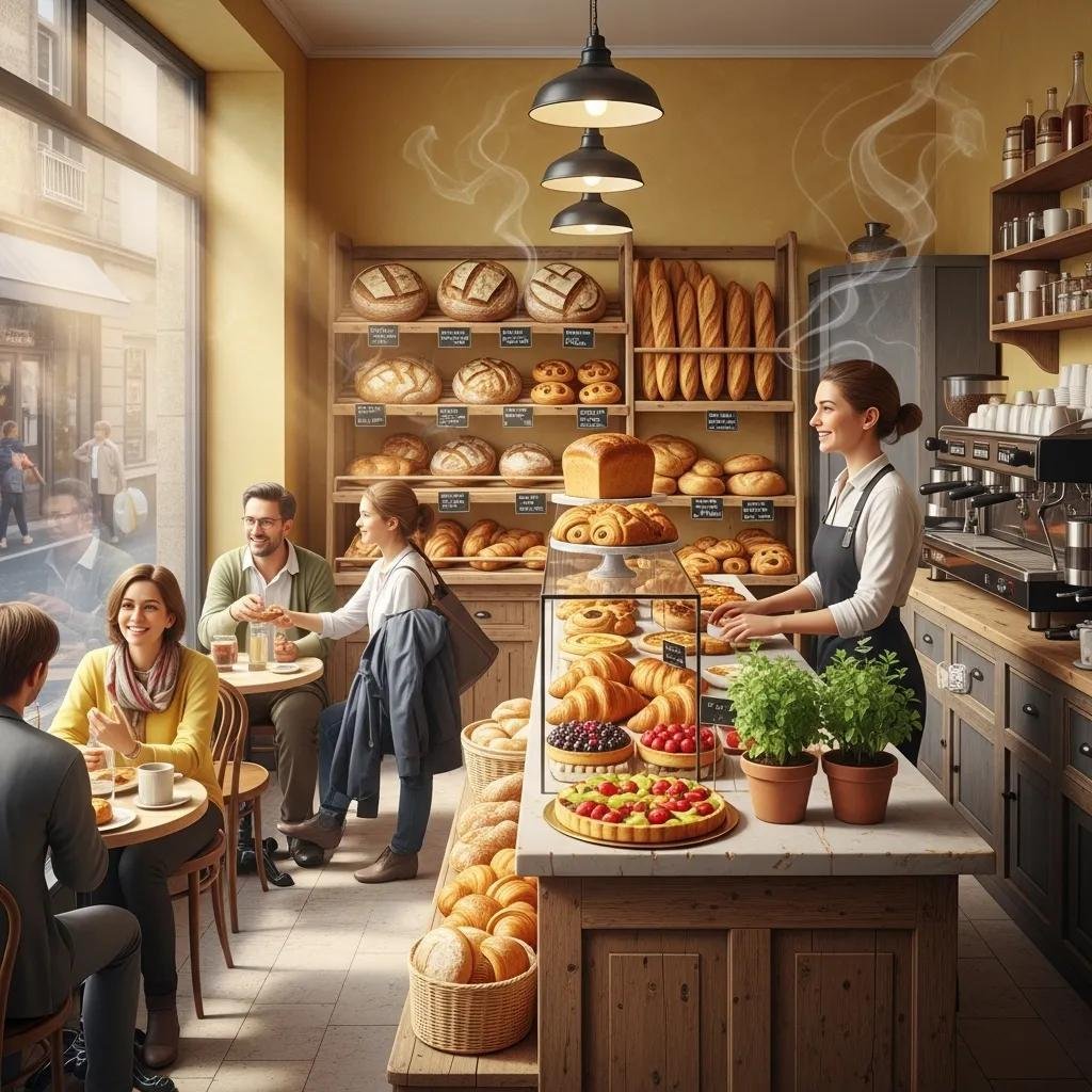 Interior of a traditional French bakery with artisan breads and pastries, showcasing the essence of authentic French baking