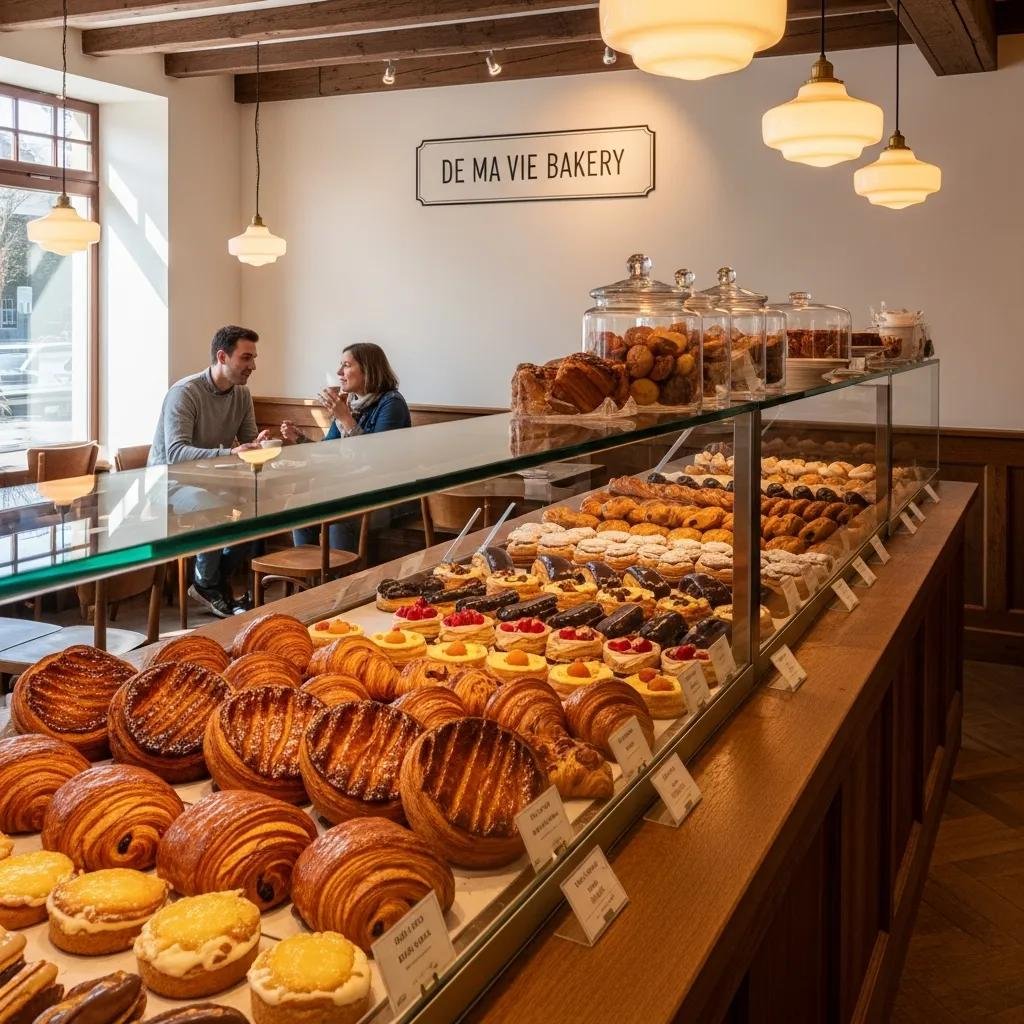 Interior of De Ma Vie Bakery showcasing a display of French pastries including Gâteau Basque, with customers enjoying their treats