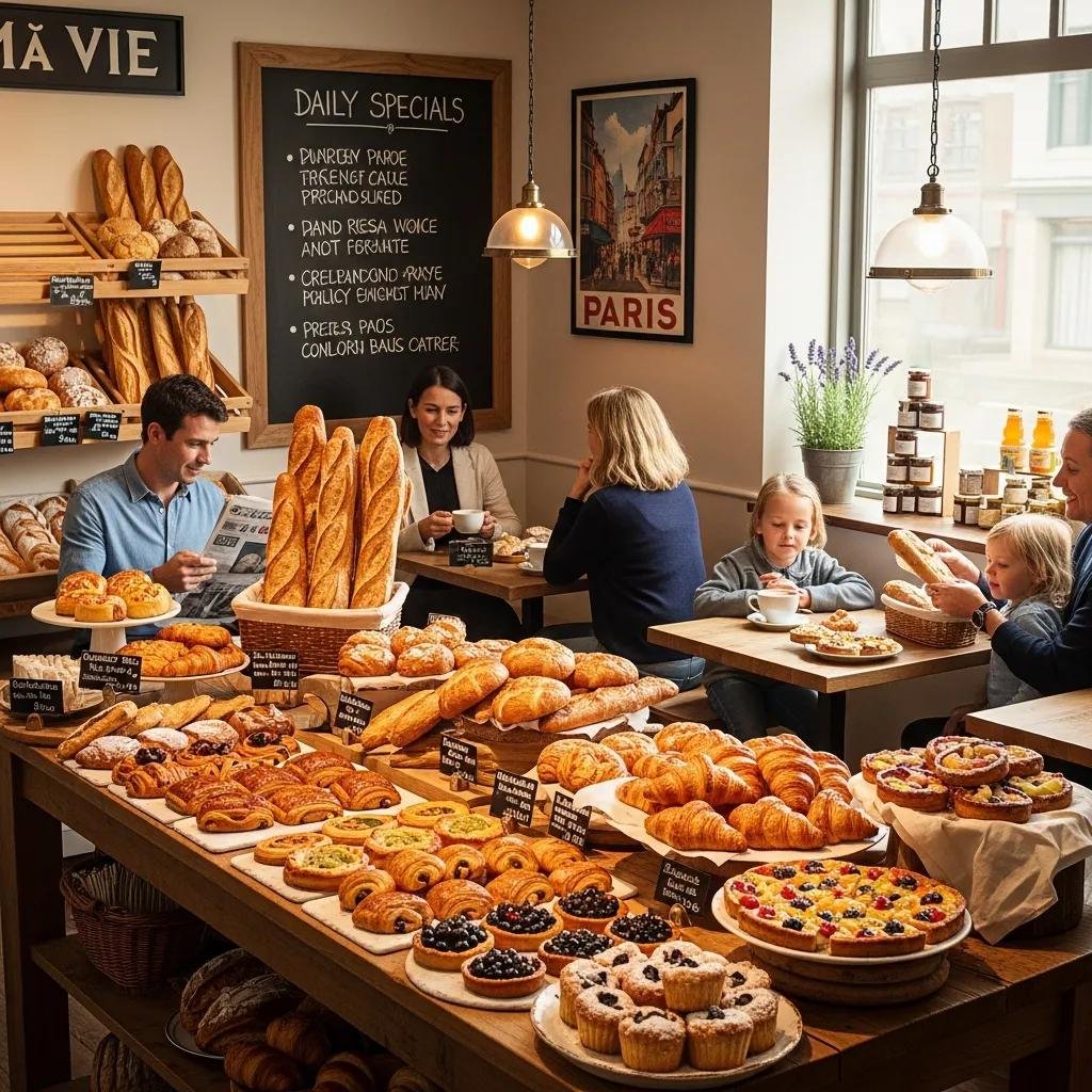 Interior of De Ma Vie Bakery with freshly baked goods and a warm, inviting atmosphere