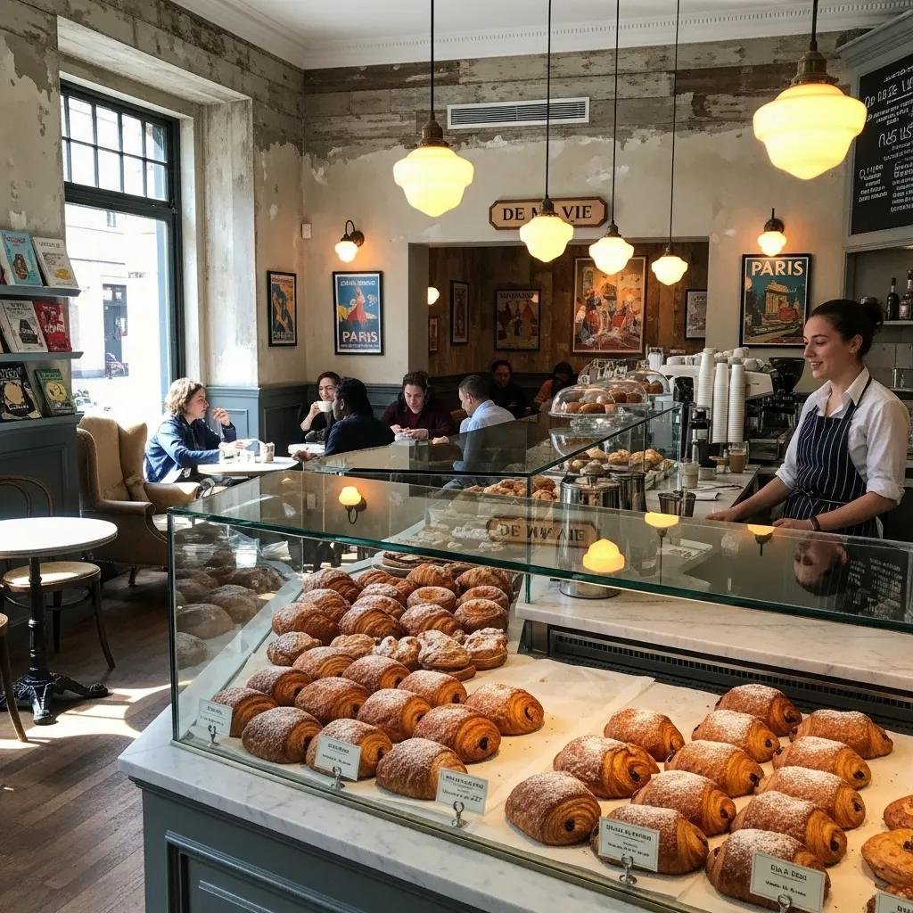 Interior of De Ma Vie Bakery with freshly baked Pain au Chocolat, showcasing a cozy French café atmosphere