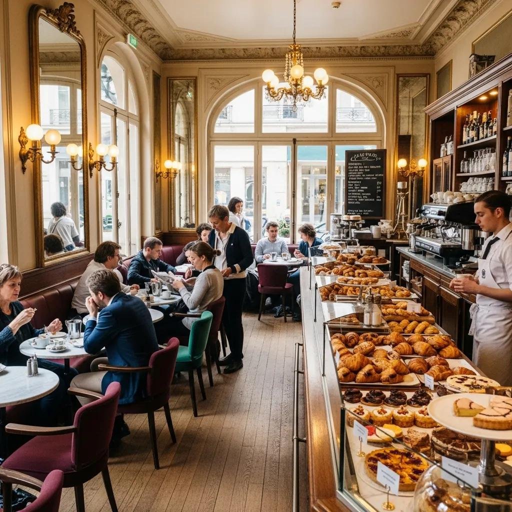 Inviting interior of a French café with patrons enjoying pastries and coffee