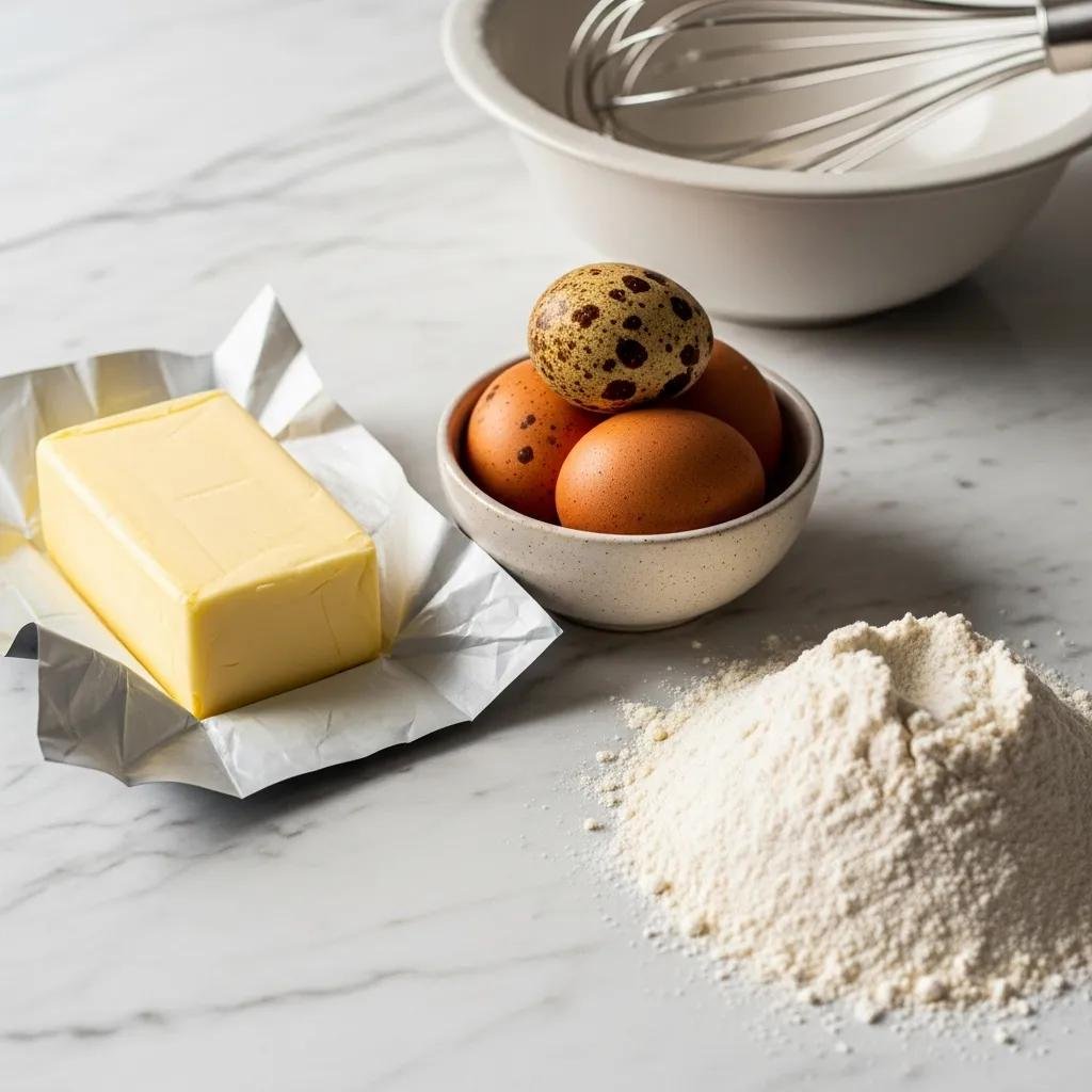 Key ingredients for brioche: butter, eggs, and flour arranged on a marble countertop, emphasizing quality and baking tradition