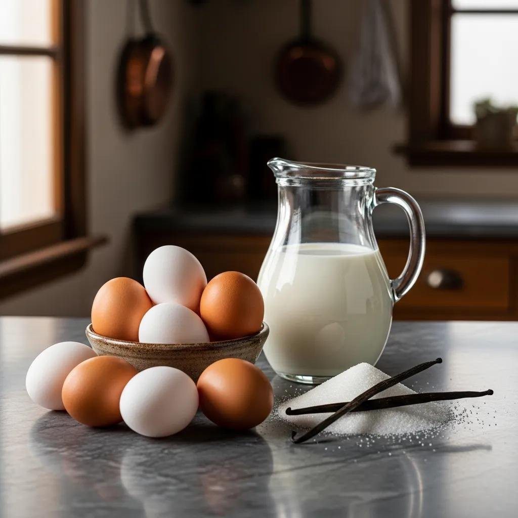 Key ingredients for Crème Caramel: eggs, milk, sugar, and vanilla pod