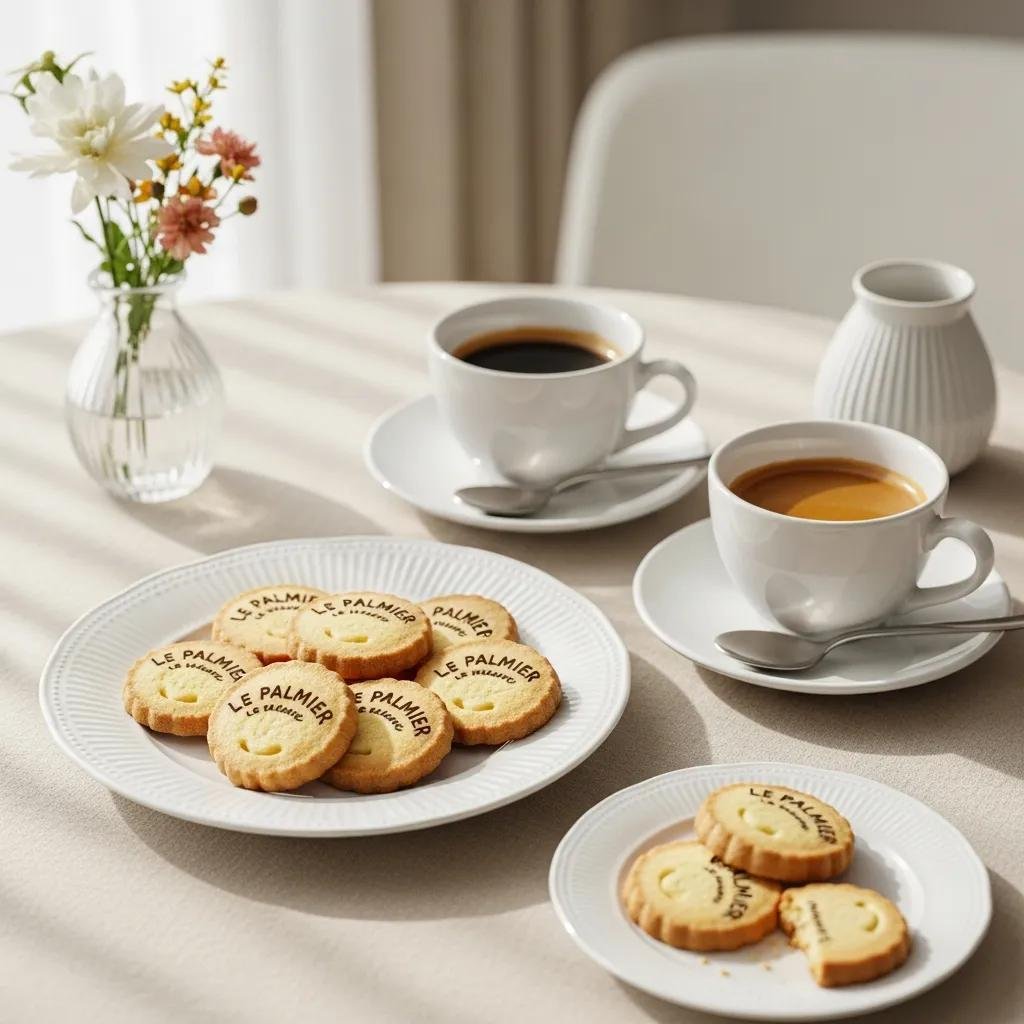 Le Palmier cookies paired with espresso and herbal tea on a styled table setting