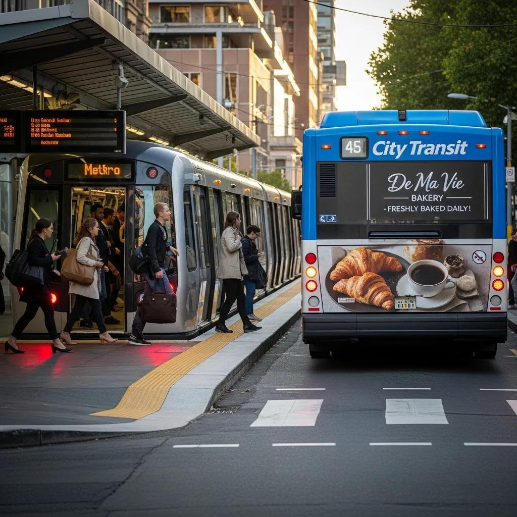 Metro train and bus at a station, showcasing public transport options to De Ma Vie Bakery
