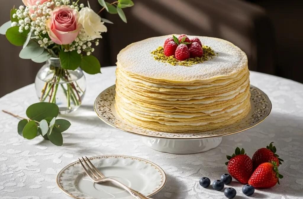 Mille Crepe Cake with delicate layers and rich textures, elegantly presented with fresh fruits and flowers