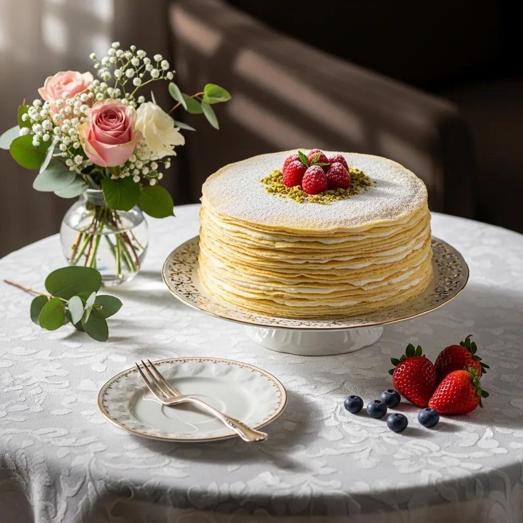 Mille Crepe Cake with delicate layers and rich textures, elegantly presented with fresh fruits and flowers