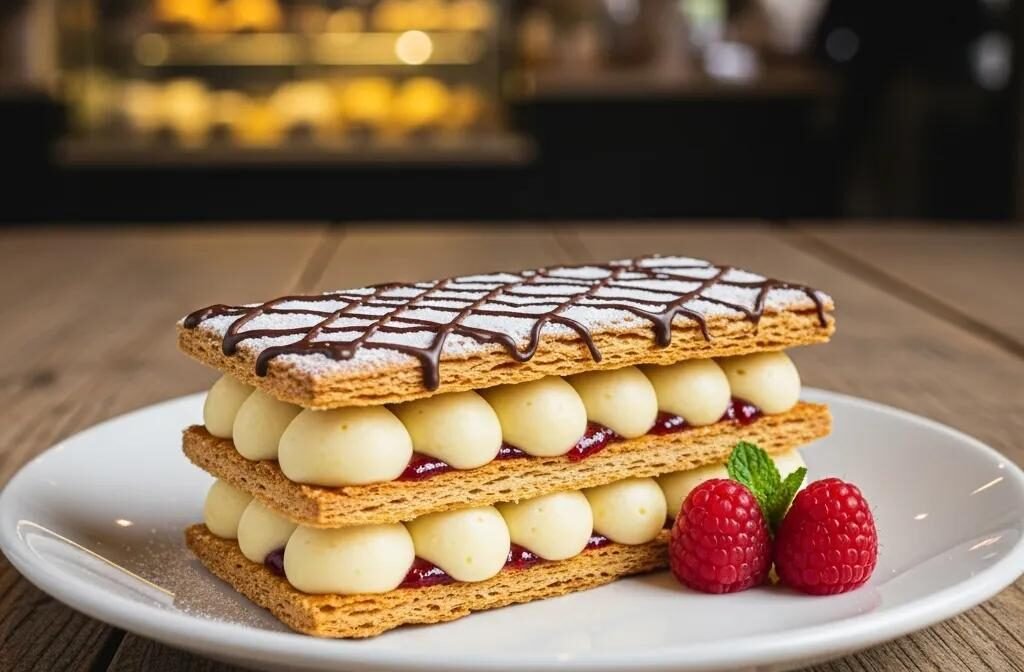 Mille-Feuille pastry with layers and creamy filling in a bakery setting