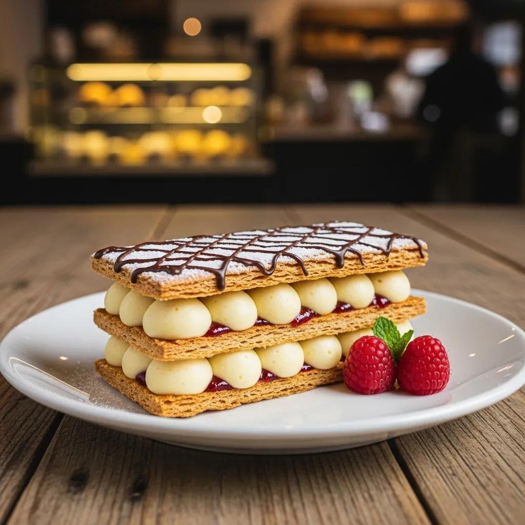 Mille-Feuille pastry with layers and creamy filling in a bakery setting