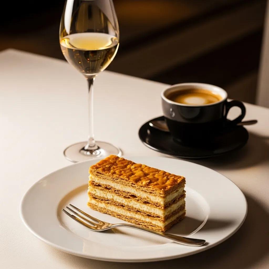 Mille-Feuille slice with espresso and dessert wine in an elegant setting