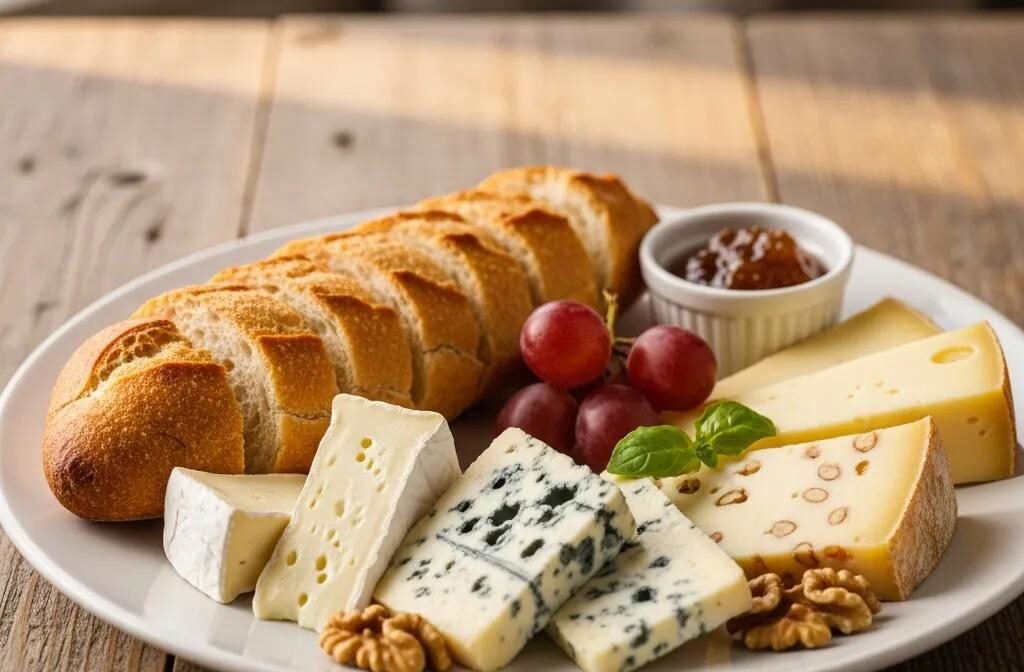 Mini Baguette & Cheese Duo with Brie, Roquefort, and Comté on a rustic wooden table