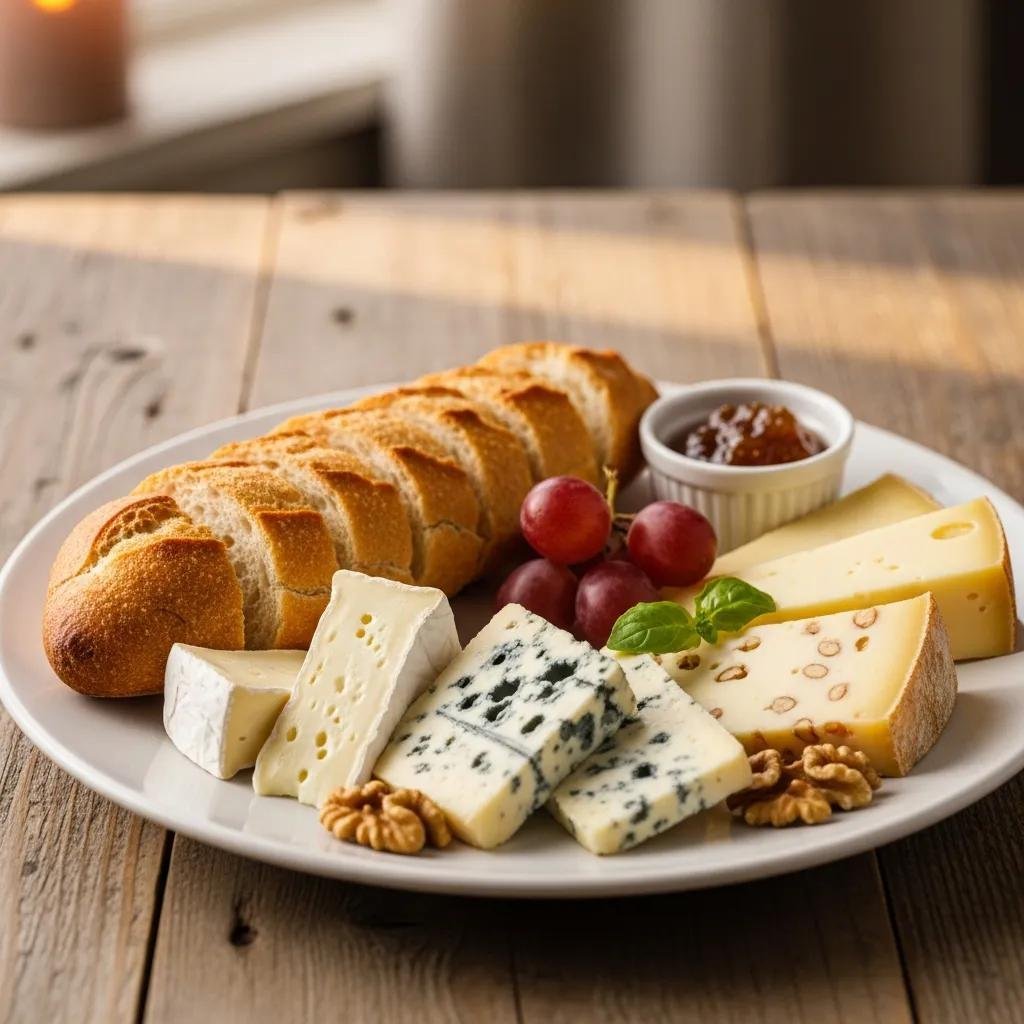 Mini Baguette & Cheese Duo with Brie, Roquefort, and Comté on a rustic wooden table