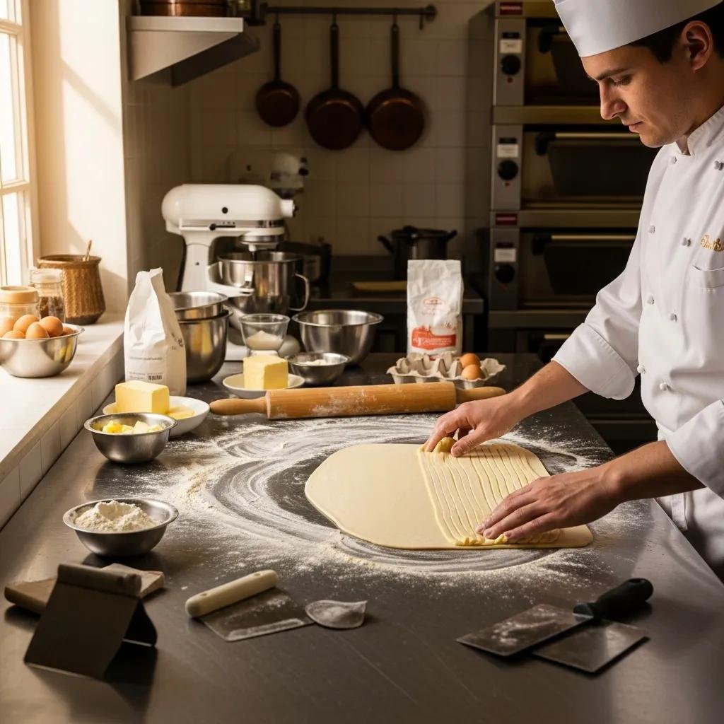 Pastry chef demonstrating traditional French baking techniques in a professional kitchen