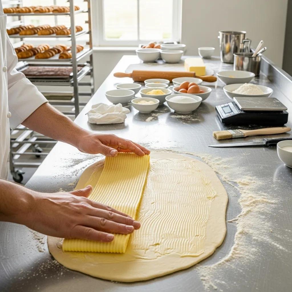 Pastry chef layering French butter in dough, showcasing the importance of butterfat in texture