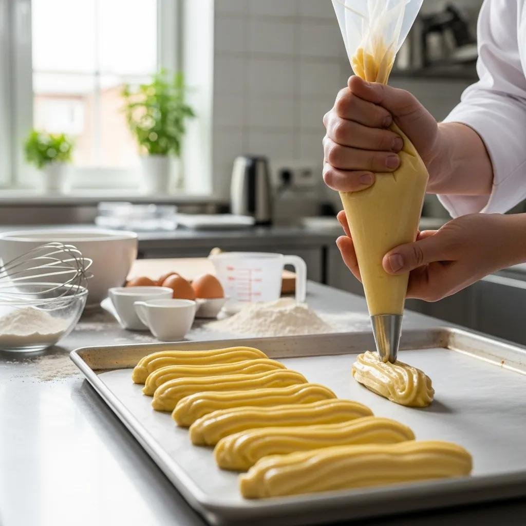 Pastry chef piping choux pastry dough in a bright kitchen