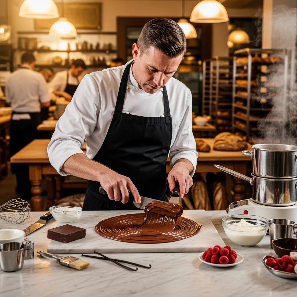 Pastry chef tempering dark chocolate in a traditional French bakery