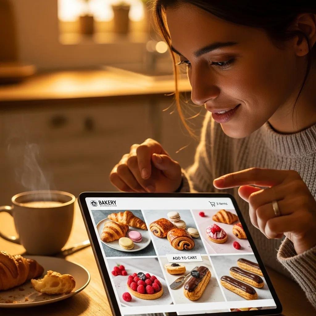 Person placing an online order for French pastries on a laptop in a cozy kitchen