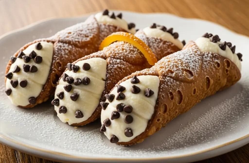 Plate of authentic cannoli with crispy shells and creamy ricotta filling, garnished with chocolate chips