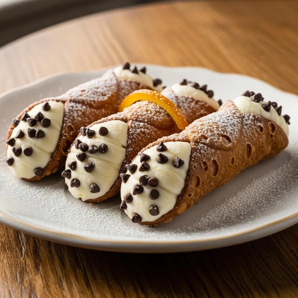 Plate of authentic cannoli with crispy shells and creamy ricotta filling, garnished with chocolate chips