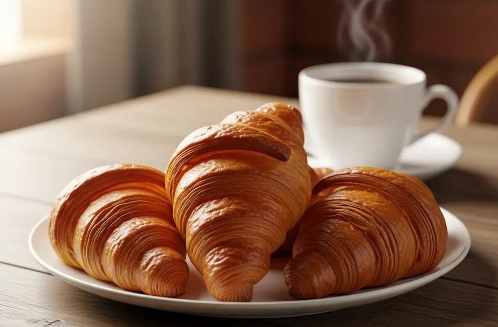 Plate of authentic French croissants with coffee on a rustic table